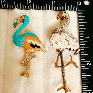 Lot of 2 Flamingo Brooch Pins Rhinestone Enamel Tropical Bird Figural
